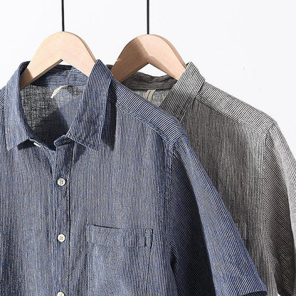 Striped Short Sleeve Shirt - Square Collar, Cotton Linen